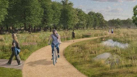 An artists visualisation of the plans showing a woman with long hair riding a bike on a path between flower fields and a woodland in the background. people are walking and jogging on the pathway