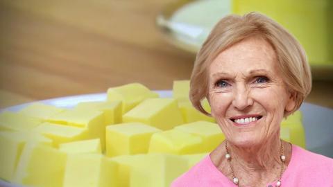 Composite image of Dame Mary Berry smiling, and cubes of butter on a plate