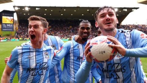 Coventry celebrate winner against Wolves in FA Cup quarter-final
