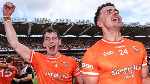 Barry McCambridge and Stefan Campbell celebrate after Armagh's All-Ireland Final triumph over Galway in July