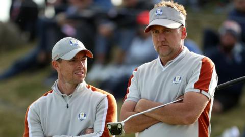 Rory McIlroy and Ian Poulter playing together at the 2021 Ryder Cup at Whistling Straits