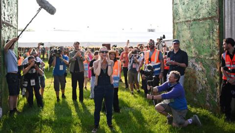 Emily Eavis, co-organiser of the annual Glastonbury Festival, opens the gates at Worthy Farm for the festival on June 26, 2024