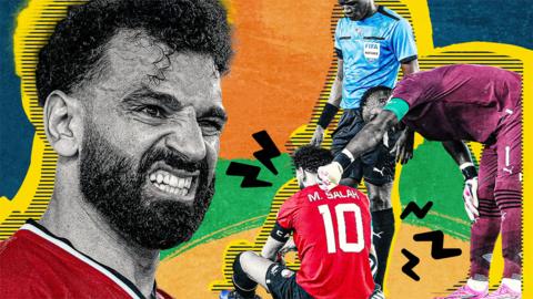 A colourful graphic composite image showing Mo Salah's face close up as he winces and Salah sitting on the floor being talked to by a goalkeeper and referee