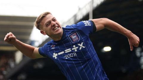 Liam Delap celebrates an Ipswich goal