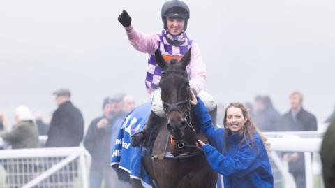 Val Dancer, with Charlie Hammond on board, is led in to the winners' enclosure at Chepstow by groom Rhiannon Corke