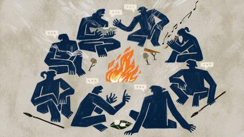 An illustration of people surrounding a campfire while talking, eating or playing music