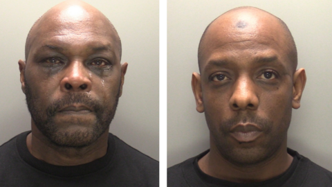 Police custody photographs of Derek Brown and Kevin Gibbs they have shaved heads and are wearing black shirts