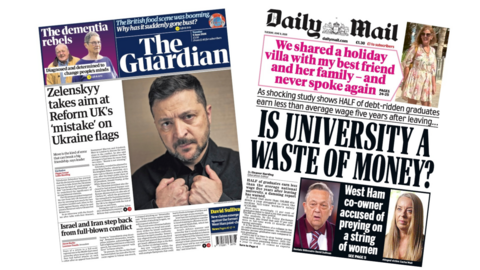 The headline on the front page of the the Guardian reads: “Zelenskyy takes aim at Reform UK's 'mistake' on Ukraine flags". The headline on the front page of the Daily Mail reads: “Is university a waste of money?”.