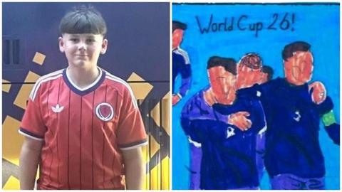 boy next to artwork