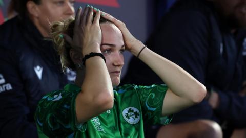 Ireland captain Gaby Lewis looks on as her side lose to New Zealand