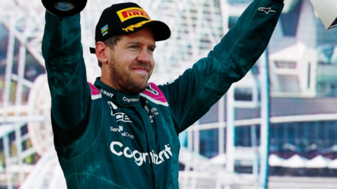 Sebastian Vettel celebrates on the podium in Baku