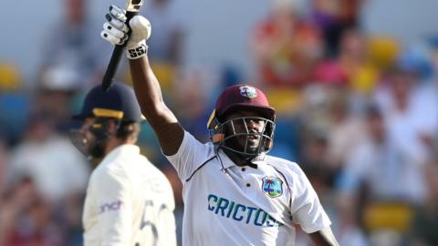 West Indies' Jermaine Blackwood celebrates his century