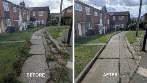 The picture on the left shows a path and houses with weeds on. The picture on the right shows the same path without as many weeds on. 