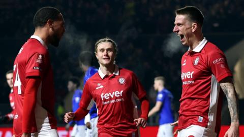 Emil Riis celebrates his opening goal for Bristol City against Watford in the FA Cup with his teammates