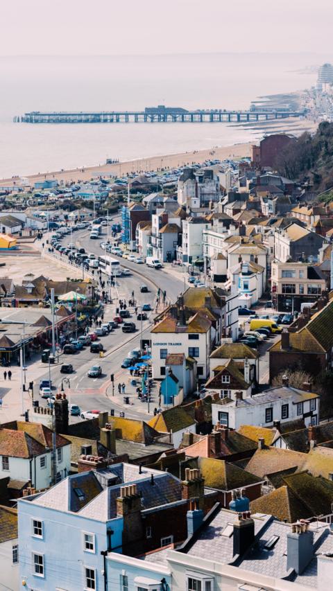 An aerial view of a seaside town.