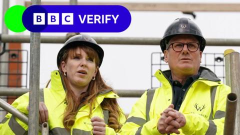 Deputy Prime Minister Angela Rayner and Prime Minister Keir Starmer in hard hats and hi-vis jackets on a housing development