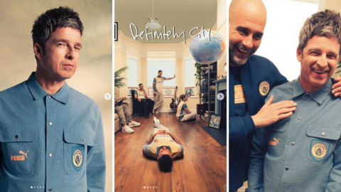 Left: Noel Gallagher in Manchester City merchandise. Middle: City players recreate Definitely Maybe album cover. Right: Pep Guardiola and Noel Gallagher.