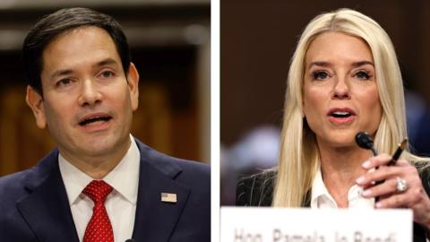 Senator Marco Rubio and Pam Bondi look straight ahead from a split screen.