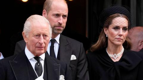 King Charles, Prince William and Catherine in dark clothes at the funeral of the Duchess of Kent