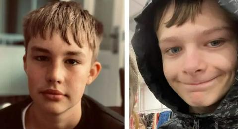 Max Dixon, 16, (left) sitting in home, he is wearing a black top. Mason Rist, 15, (right) smiling and while coat with hood up.