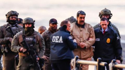 Venezuelan President Nicolás Maduro arrives at the Downtown Manhattan Heliport as he heads towards the US Courthouse in Manhattan to face U.S. federal charges including narco-terrorism, conspiracy, and drug trafficking