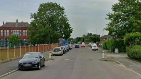 Google streetview of Ryder Brow Road, which has cars and trees lined on both sides and a large, two-storey redbrick school on the right in the background.