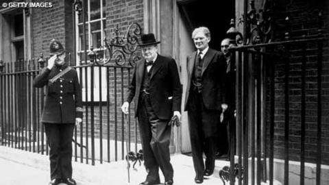 Prime Minister Winston Churchill leaving 10 Downing Street.