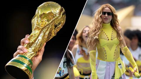 Split image of the world cup trophy and Shakira