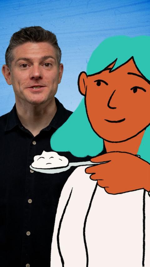 Man smiling as illustrated character presents him with a spoonful of yoghurt