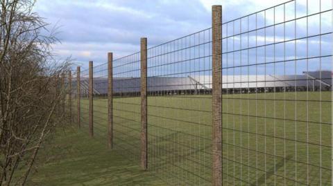 A CGI image of Cruxton Solar Farm with fencing and panels