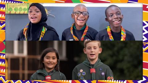 A split screen of five scouts and cubs in uniform