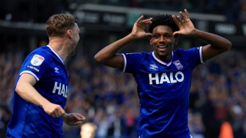 Jadon Philogene celebrates scoring Ipswich's second goal against QPR