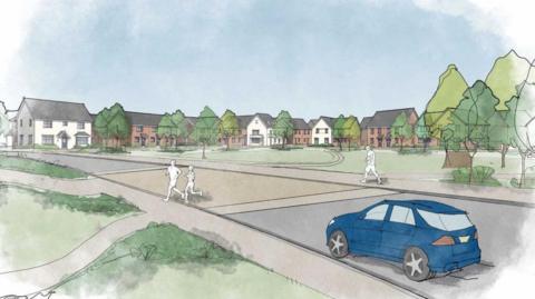 Artist's impression of the new development showing houses around a green with trees and 'shared space' road layout