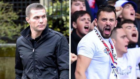Composite image of two men. Steven Lyons has cropped brown hair and is wearing a black jacket with the collar turned up. He is looking off to the left with a serious expression on his face. Ross McGill, who is wearing a tight white t-shirt and a red scarf, roars at a football match with a crowd in the background.