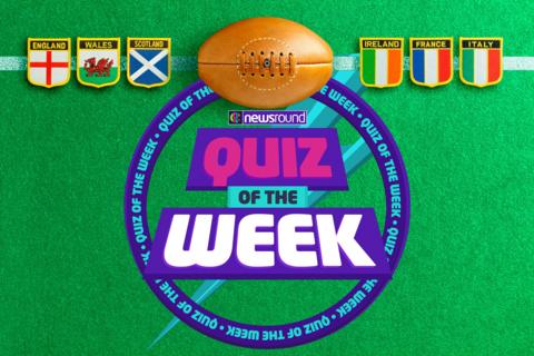 Quiz of the week logo on rugby background with six nations badges.