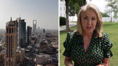 An aerial shot of Riyadh on the left and a photo of a BBC editor, Sarah Smith, on the right