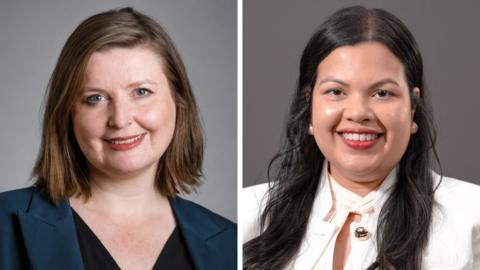 A composite image of two politicians side by side. The politician on the left is a brunette woman with a side fringe, a blue blazer and is smiling directly at the camera. The politician on the right has long dark hair, is wearing a white shirt and is also smiling at the camera.