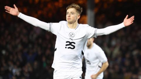 Jack Shorrock celebrates scoring for Port Vale against Crewe last season