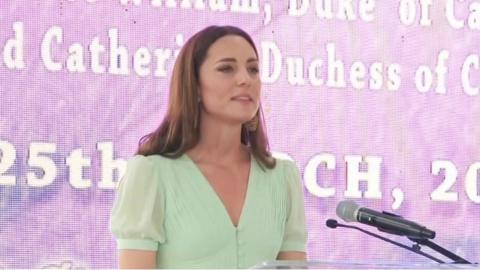 Duchess of Cambridge speaks to schoolchildren during visit to Bahamas