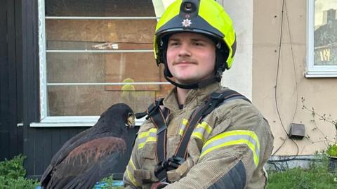 A firefighter wearing a yellow hard helmet and beige uniform with hi-vis yellow stripes on his arms holding a Harris's hawk on his left arm. The bird has dark plummage 