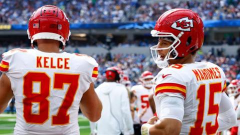 Travis Kelce and Patrick Mahomes of the Kansas City Chiefs on the field 