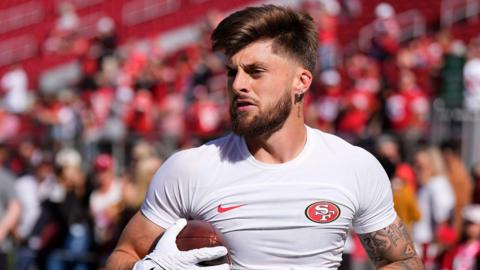 San Francisco 49ers rookie Ricky Pearsall warms up ahead of the game against the Kansas City Chiefs