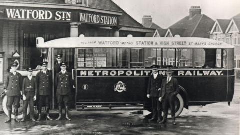 Exterior of Watford station with Metropolitan line car, taken 1927