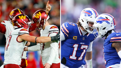 Split image of Washington Commanders and Buffalo Bills players celebrating