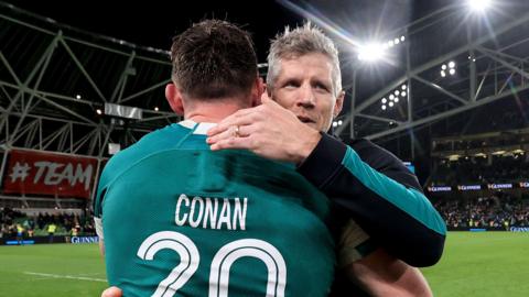 Simon Easterby hugs Jack Conan after the game