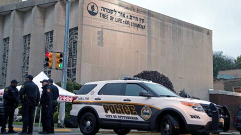 Police arrive at the Tree of Life synagogue after the shooting