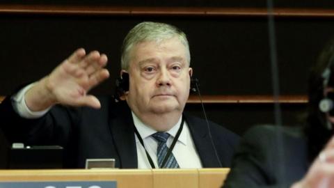 Belgian Marc Tarabella votes for the waiver of the immunity during a plenary session of the European Parliament in Brussels, Belgium, 02 February 2023