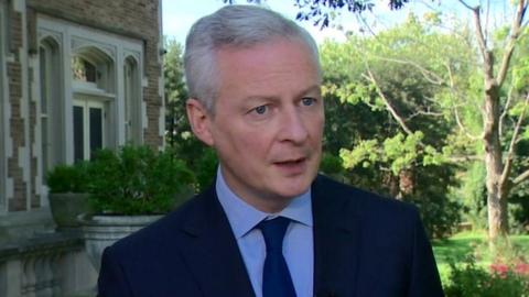 French finance minister Bruno Le Maire speaks in Washington following the G7 talks