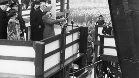 HRH Princess Elizabeth launching the aircraft carrier HMS Eagle.