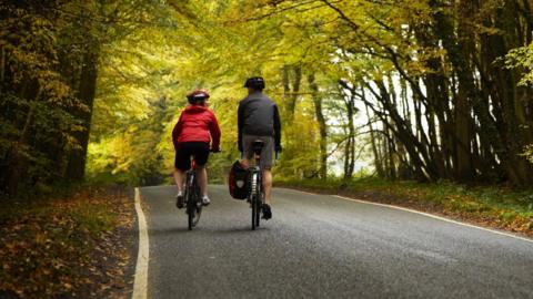 A man and a woman cycle along a rural road with trees on each side.